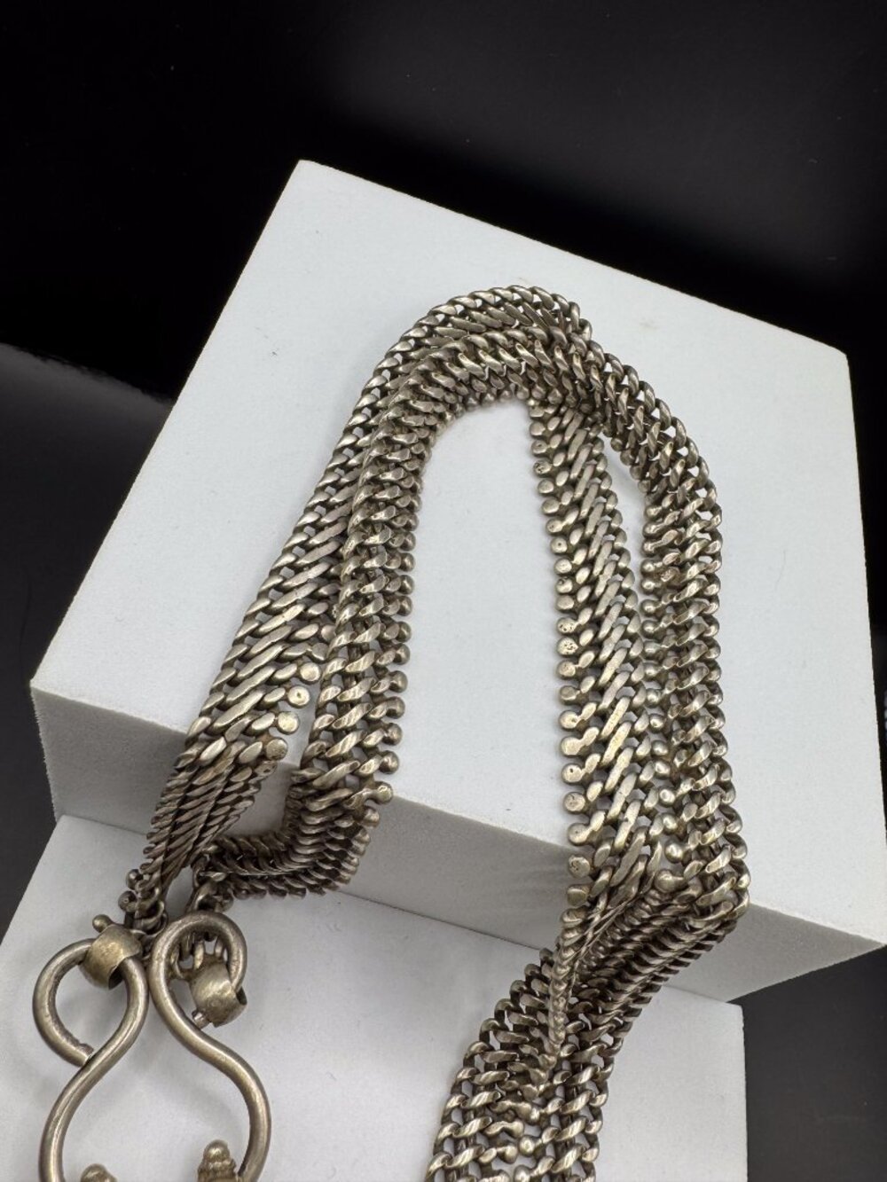 Vintage Tribal Puffy Heart Necklace Heavy Silver Tone Boho Statement 26" - Picture 3 of 7